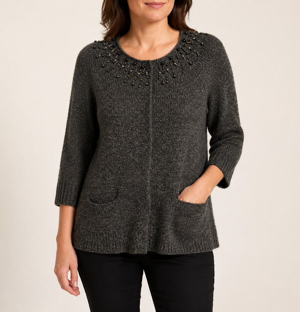 Coldwater Creek Gray Beaded Cardigan Sweater W L 14-16 Mohair Blend 3/4 Sleeves